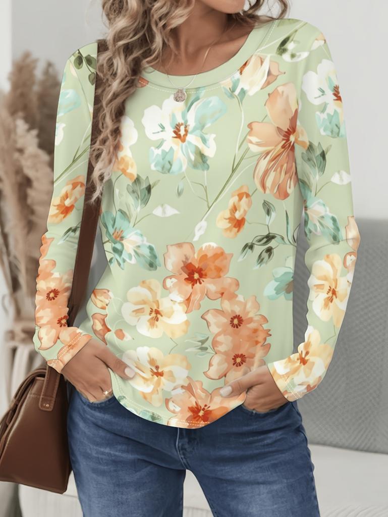 Vintage Floral 3D Print Women's Crew Neck Long Sleeve T-Shirts Comfortable Fashion Tops Tee Y2k Clothes Harajuku Female Clothing
