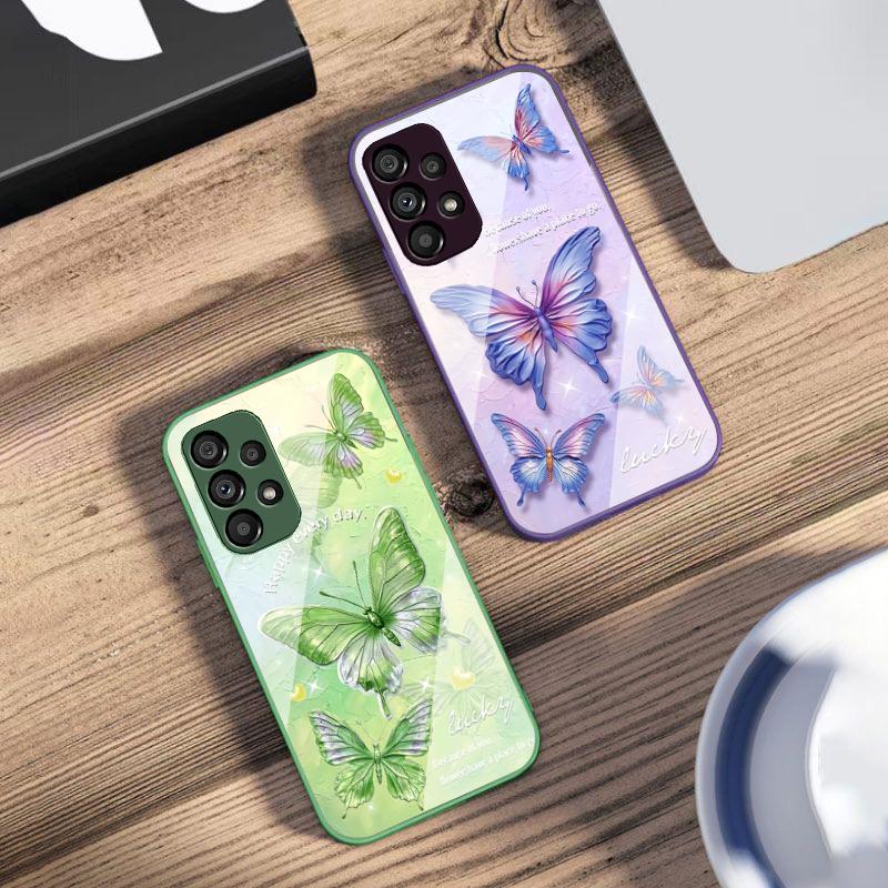 Gradient colored butterfly For Samsung Galaxy S10 4G S20 11E 30 S21 22 S24 Fe Pro S23 S25 Ultra 5G S9 Tempered Glass Phone Case