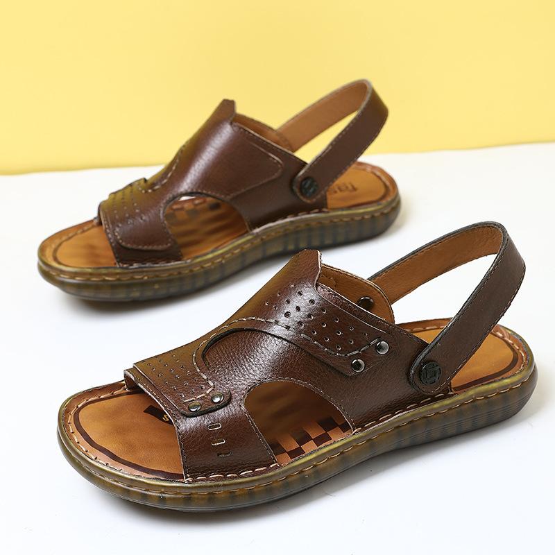 

Sandals summer men s leather bag head sandals men s outer wear driving dual-purpose non-slip beach shoes men s trendy beef tendon soles 44 коричневый