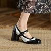 Móda 2025 Nové lakované boty Mary Jane Dámské LEŽÉRNÍ S přezkou Mělké lodičky Čtvercová špička Boty na silném podpatku Žena Zapatos De Mujer