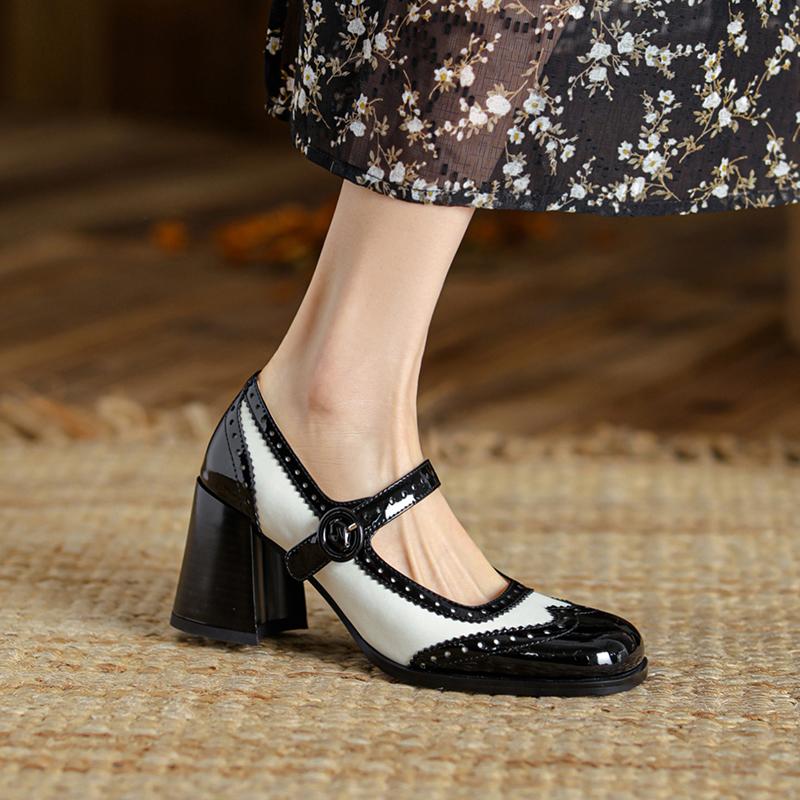 Móda 2025 Nové lakované boty Mary Jane Dámské LEŽÉRNÍ S přezkou Mělké lodičky Čtvercová špička Boty na silném podpatku Žena Zapatos De Mujer