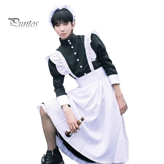 1 Set Maid Cosplay Dress Set Includes Apron Headband Bow And Socks Unisex A-Line Calf-Length Contrast Color Ruffle Dress Parties Photography Servant