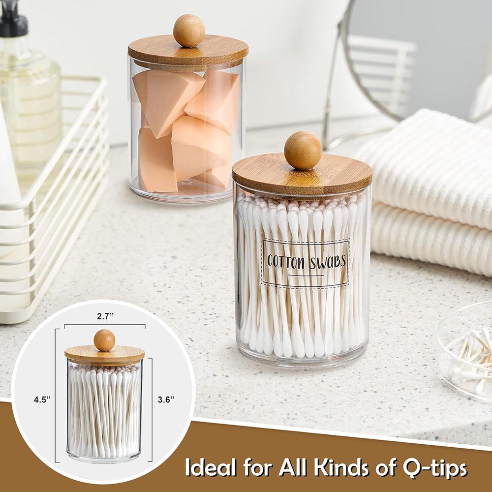 Qtip Holder Dispenser with Bamboo Lids,Clear Plastic Containers for Vanity Makeup Organizer Storage,Cotton Swab,Ball,Pads,Floss