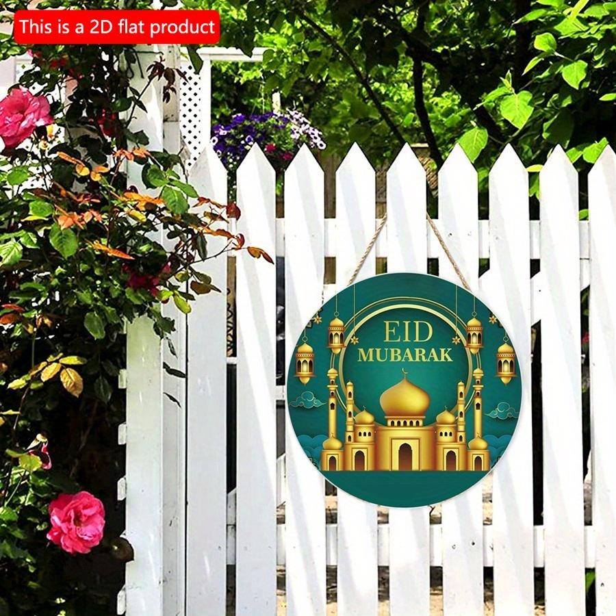 2D Flach 20cm 1Stück Eid Mubarak prächtige Moschee & Laternen Muster Gute Qualität Runder Holzanhänger, Grüner Retro verzierter Stil Eid Dekoration zum Feiern