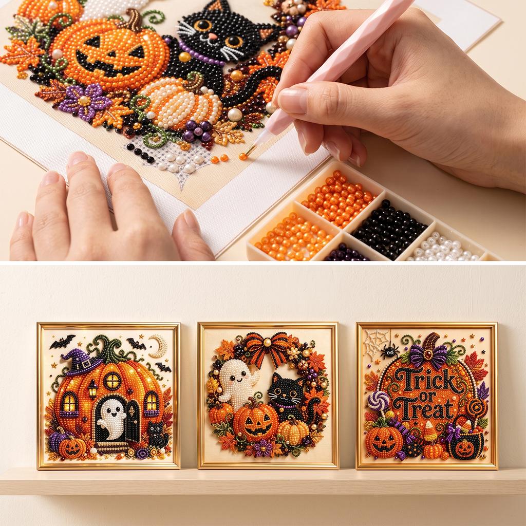 Halloween Pearl Art Diamond Painting DIY Kit 3D Bead Craft Ghost Pumpkin Black Cat, Party Creative Decor