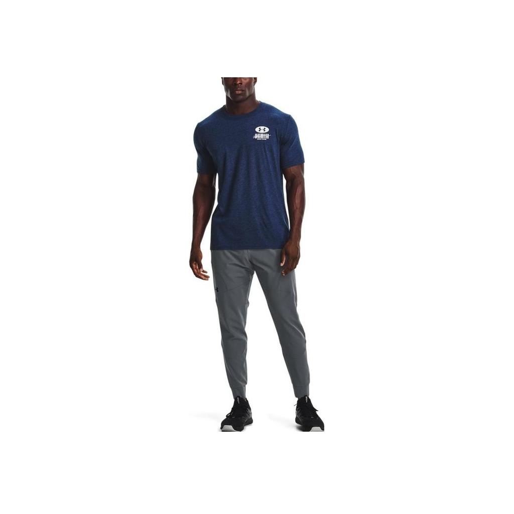 Under Armour Dopamine Round Neck Fitted Sports T-Shirt With Letter Logo Barcode Print Men Tops Blue 1370527-408