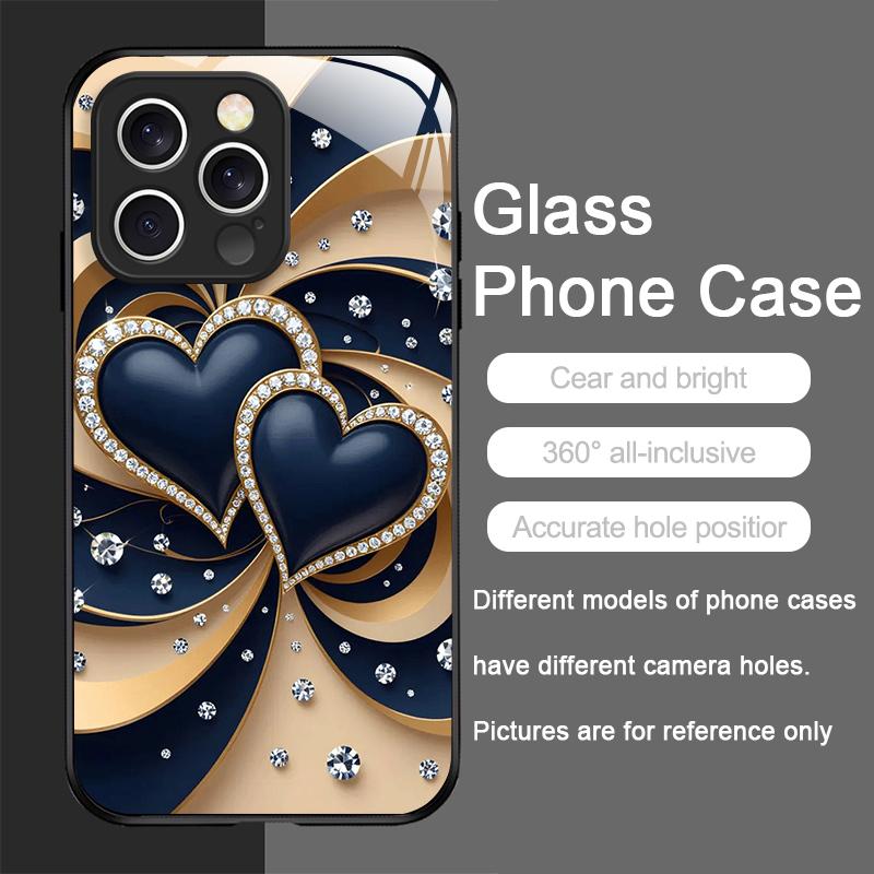 Stylish Black White Heart with Pearls Tempered Glass Phone Case for IPhone 17 16 Pro Max 15 14 13 12 Mini 11 X XS 7 8 Plus Cover