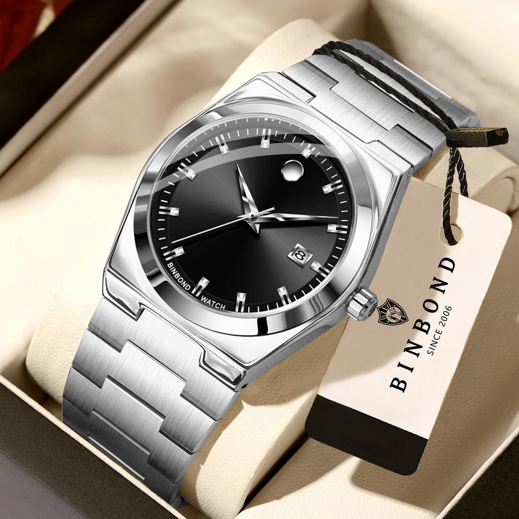 BINBOND Luminous Waterproof Durable Stainless Steel Strap Preicse Quartz Watches For Men Luxuy Auto Date Men's Watch Reloj