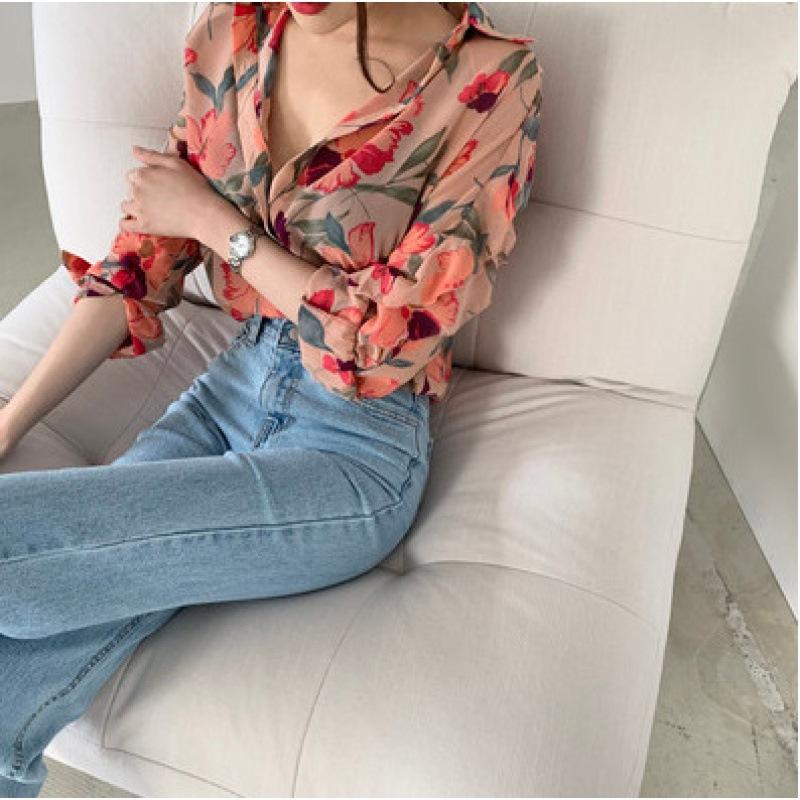 Fashion Sweet Floral Printed Chiffon Shirt Women s 2026 Spring and Summer Thin Loose Blouse Simple Long Sleeved Casual Simple Tops S розовый