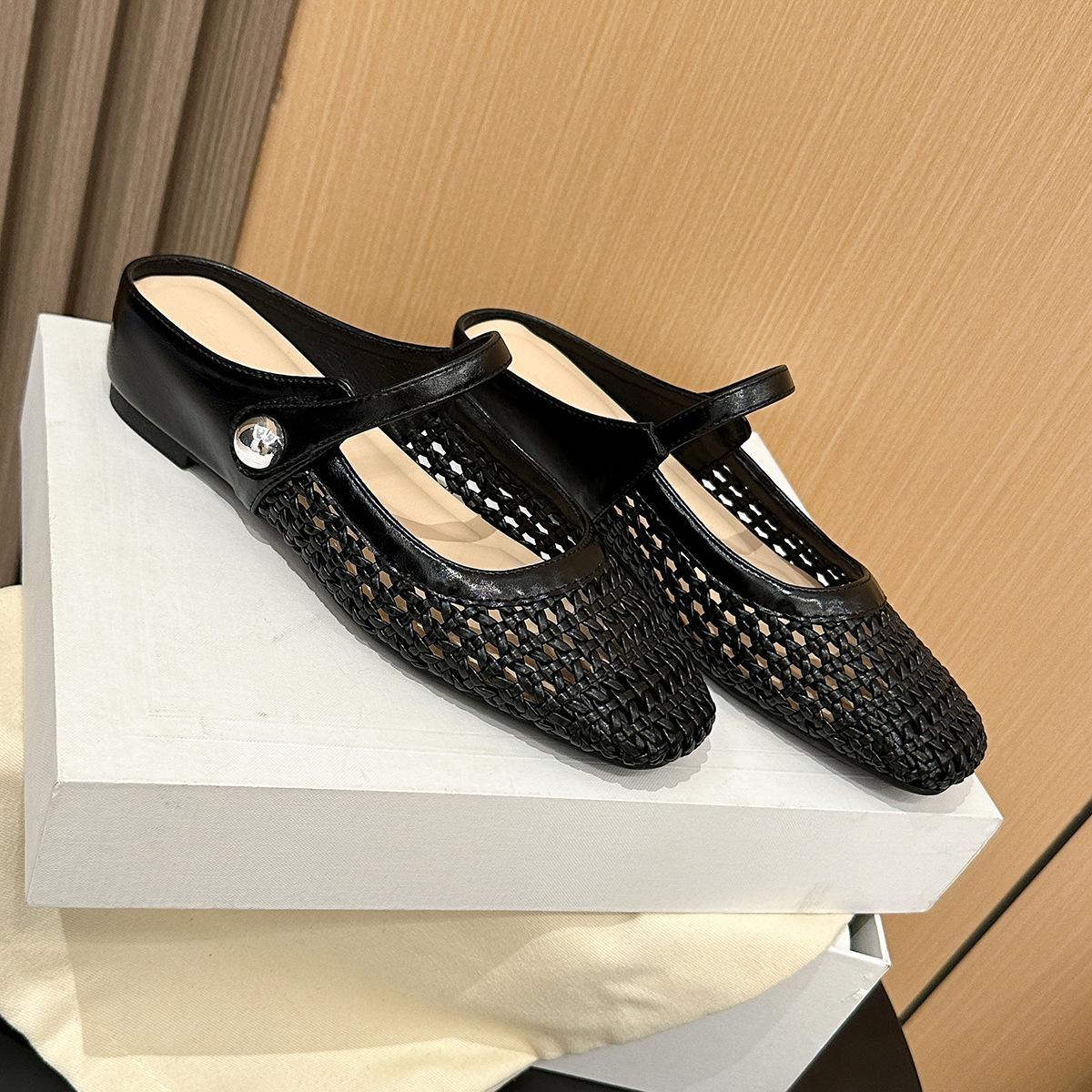 

796-19 Квадратный носок тканые полые дышащие внутренняя высота увеличение задняя пустая одинарная обувь женская весна и лето слово с повседневными балетками 35 чёрный