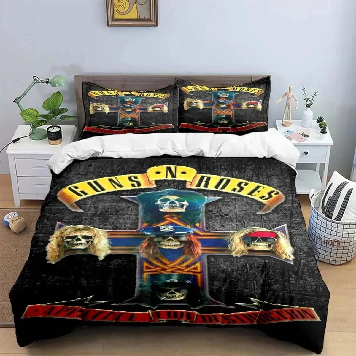 

3D Print Guns N Roses GNR Band Retro Printed Bed Set Duvet Cover Pillowcase Bedding Set Linen Sheet Quilt Cover Queen King Size 135x200cm