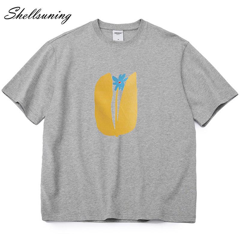 Shellsuning Summer Aesthetic Floral T Shirts Women Loose Short Sleeve Cotton Printed Tees Female Casual O Neck Vintage Base Tops