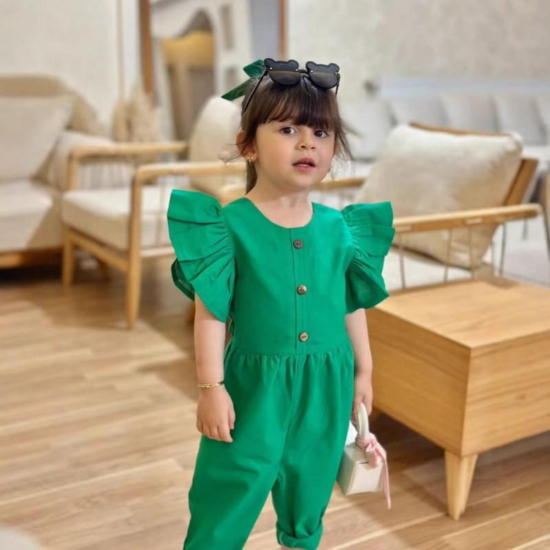 New Children'S Clothing: Baby Solid Color Cotton-Linen Jumpsuit With Ruffle Sleeves