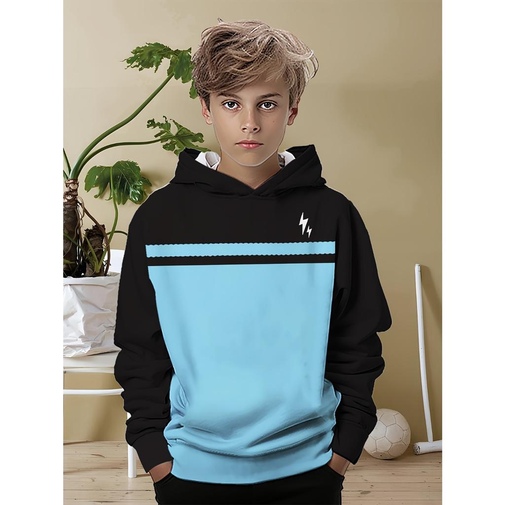 Boys' Casual Hoodie - Black Green Contrast Lightning Print All Season Comfortable Medium Elasticity