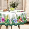 Round Polyester Dining Table Cloth, Tropical Plants, Green Leaves + Colorful Flowers, Long Household Dining Table Cloth