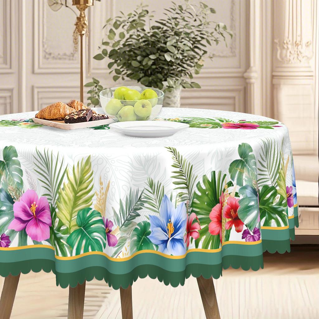 Round Polyester Dining Table Cloth, Tropical Plants, Green Leaves + Colorful Flowers, Long Household Dining Table Cloth