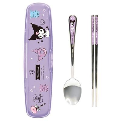 Lilpang Sanrio All-in-One All-Edelstahl-Löffel-Set mit transparentem Etui, Kuromi, Löffel + Essstäbchen + Etui, 1 Set