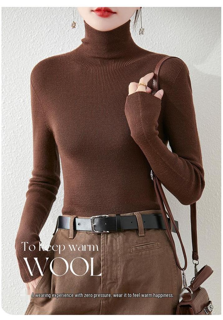Women's Slim-Fit High-Neck Wool Sweater - Soft, Seamless Knit Base Layer for Autumn/Winter
