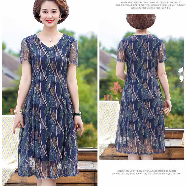Middle-aged Mother Temperament Floral Dresses Summer In The Elderly Large Yards Concealed Chiffon Long Dress
