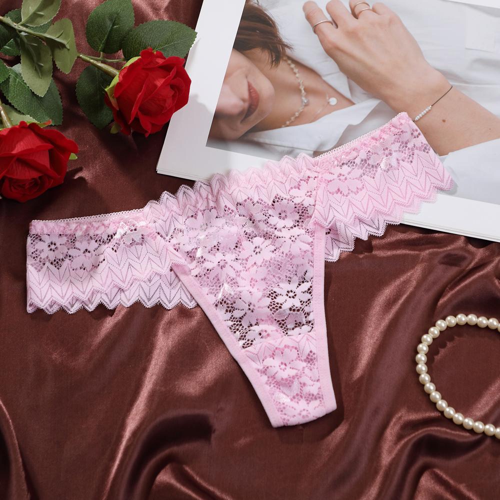 Women's Thongs Sexy Perspective Lace Flower Pattern Hollow Out Low-Waist Butterfly Knot Breathable Intimates Super Comfortable