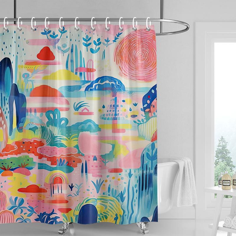 Tropical Shower Curtain - Vibrant Botanical Print with Cactus & Flowers, Waterproof Bath Decor for Spa or Boho Bathrooms