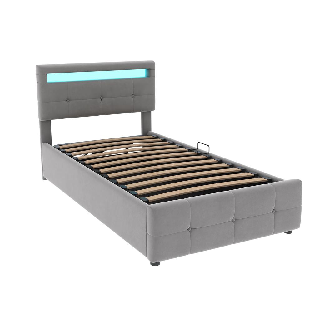 Upholstered Children's Bed 90x200 cm, With LED Lighting, Hydraulic Storage, Height-Adjustable Headboard, Single High Box, Velvet Fabric, Grey