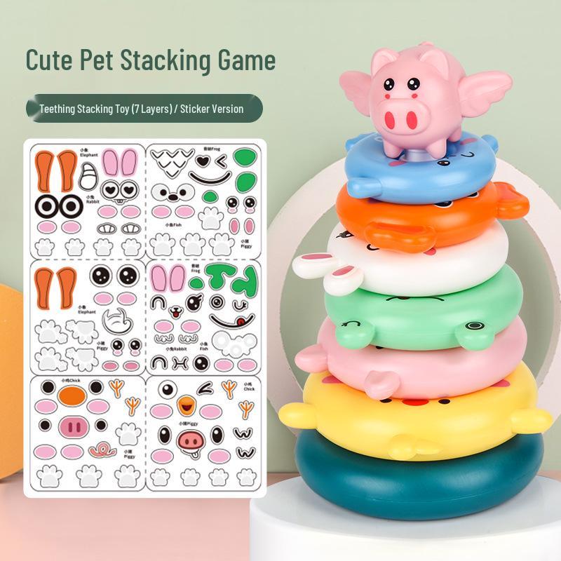 Little Pig Stacking Game: Educational Rainbow Tower & Ring Toss Toy for Ages 1-3