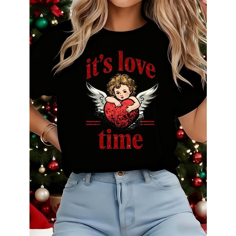 

European size Valentine S Day Limited Women S T-Shirt | Cupid Heart Pattern Print - Casual Round Neck, Soft Fabric, Short Sleeves 4XL чорний