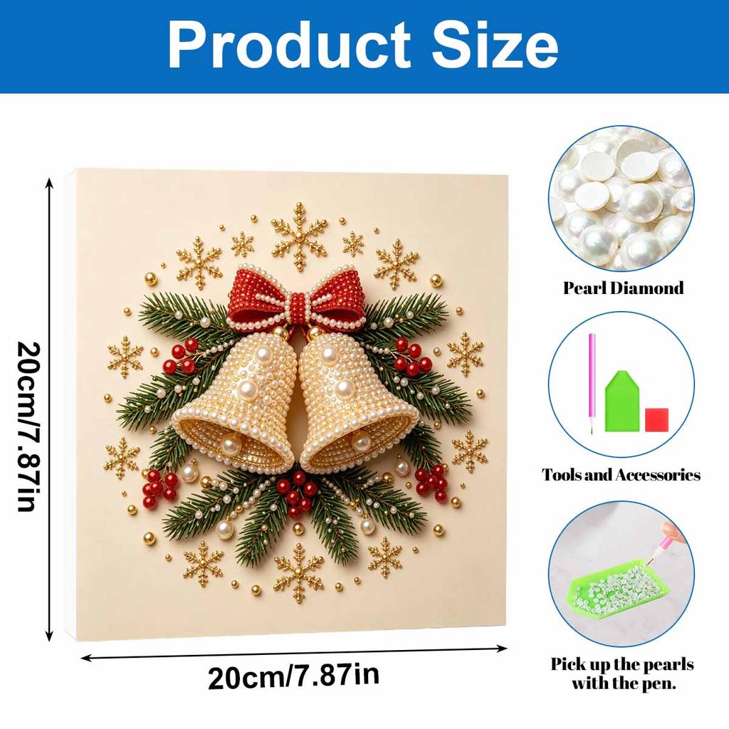 Framed Pearl Bead Art Set with Christmas Bells Design DIY Sparkling Canvas Painting Relaxing Hobby Gift for Holiday Room Decoration