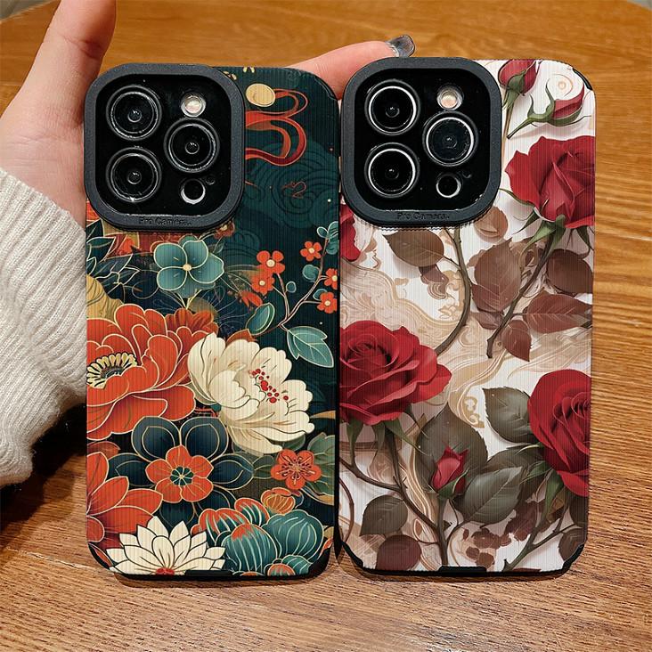 Funda Trasera de Cuero con Grano Vertical y Estampado Floral de Silicona Suave con Protección Completa para la Lente de la Cámara para Samsung