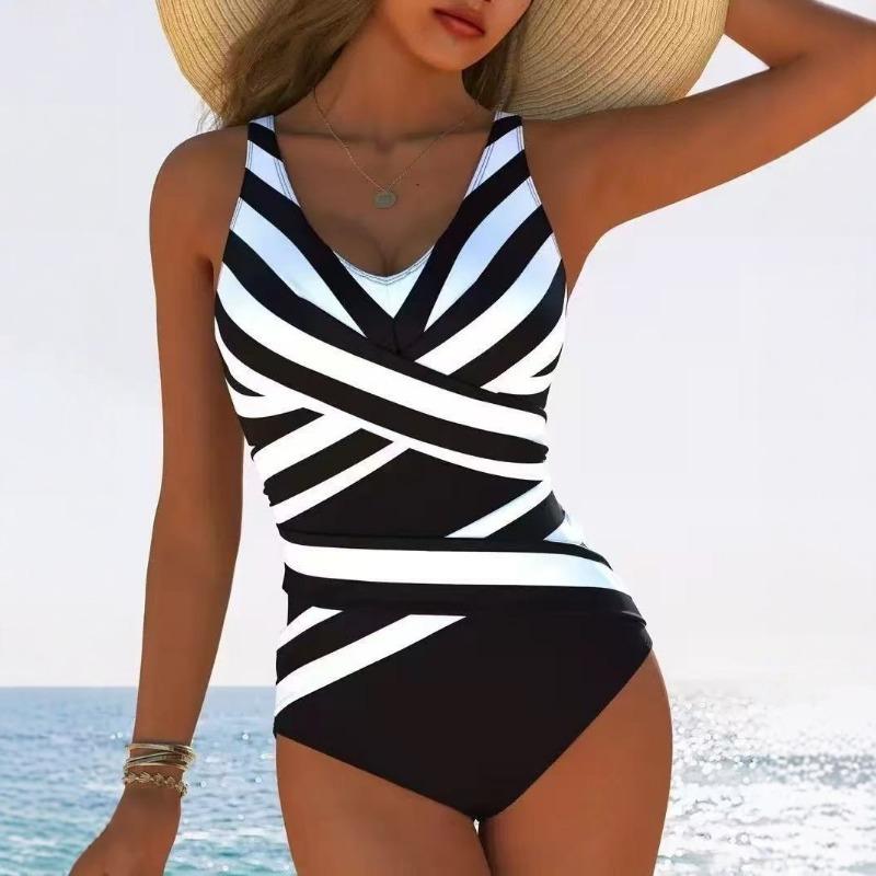 Women S Black White Striped Cross V Neck One Piece Swimsuit For Vacation