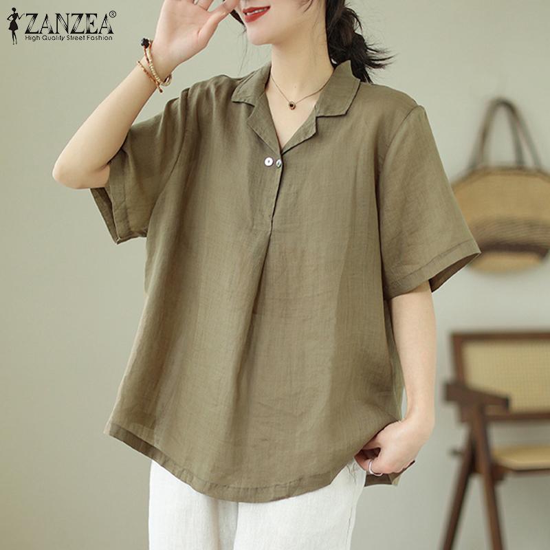 

ZANZEA Женская повседневная хлопковая блузка с отложным воротником и короткими рукавами