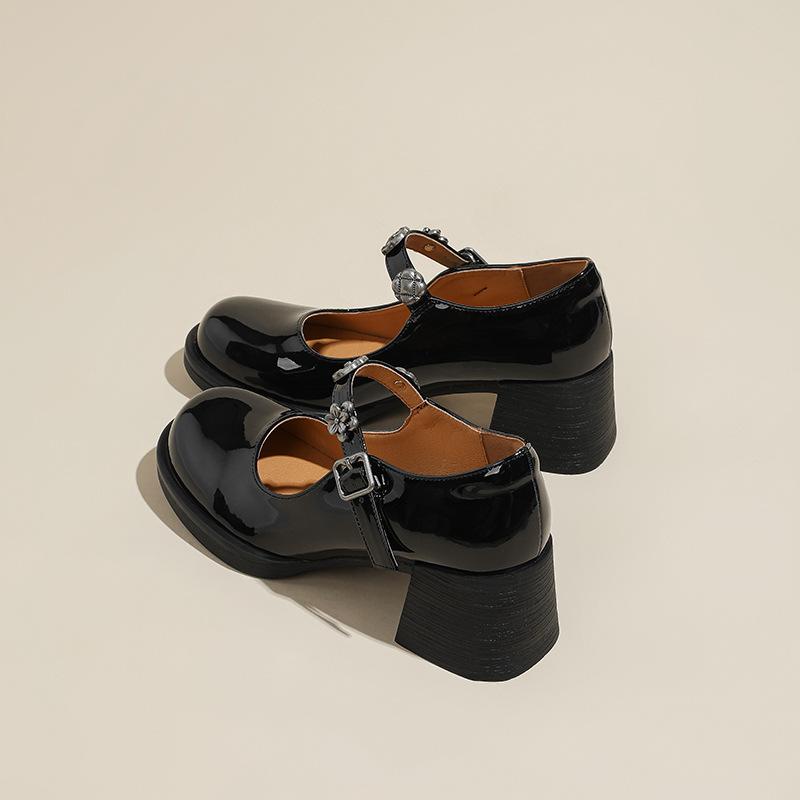 High-heeled Mary Jane women's shoes spring and autumn retro word with flower buckle ornament round head thick heel single shoes women's shallow m