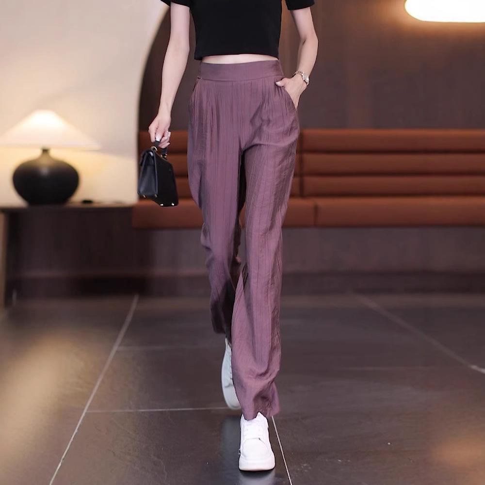 Women's 2024 High Waist Ice Silk Wide Leg Summer Pants - Thin, Loose Fit, Straight Leg, Draping Casual Style.