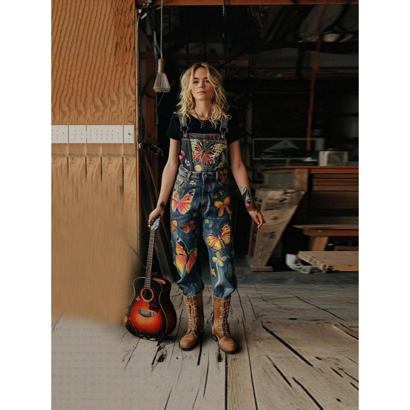 Overalls Sommer Damen Hosen Denim-Imitat Gerade geschnittene Hosen Vielseitige Lockere Gerade geschnittene Hosen 1D Digitaldruck