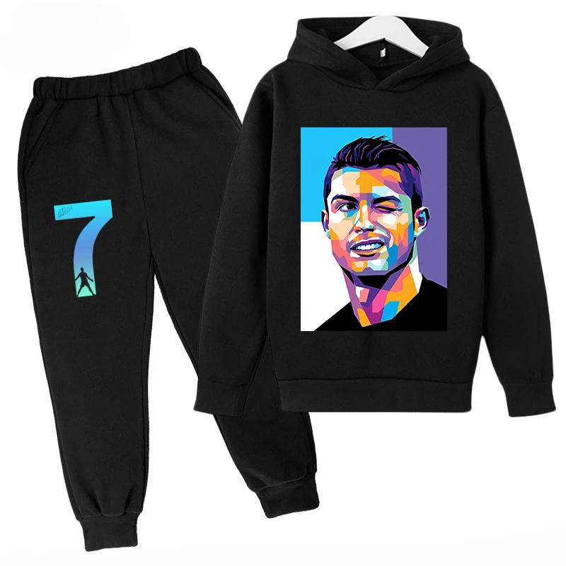 Children's Sports Hoodie Set  Sweatshirt Pants 2-piece Set for Boys and Girls Ronaldo Avatar Printed Kids Clothes Girls