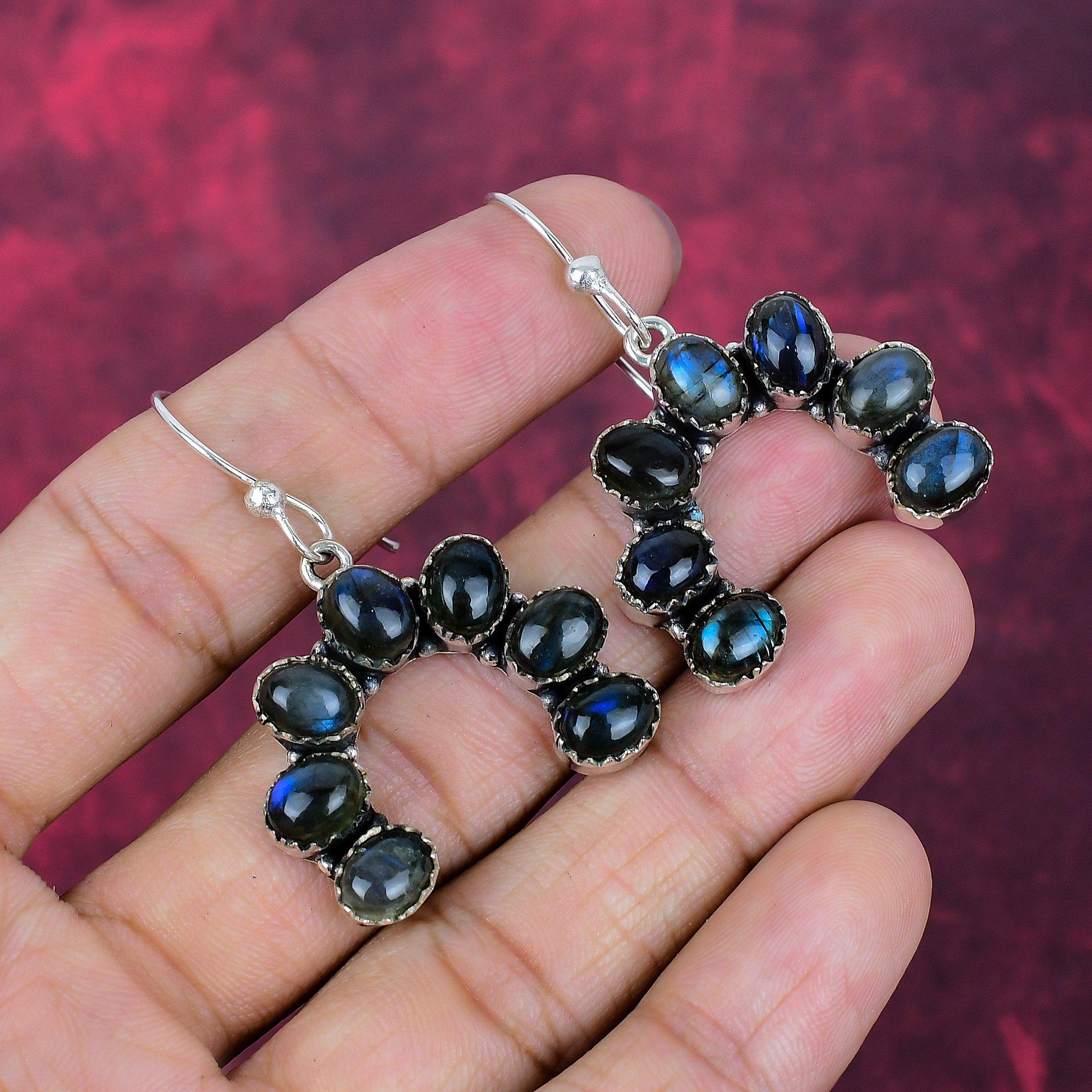 

Labradorite Earrings, 925 Solid Sterling Silver Gemstone Handmade Earrings Jewelry, Gift For Mother 1.85 Inches синий