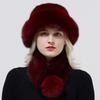 Hot Sale Rex Rabbit Fur Hats Scarf Set Elastic Knitted Winter Hat Women Genuine Warm Fur Caps Luxury Woman Fox Fur Bucket Hat