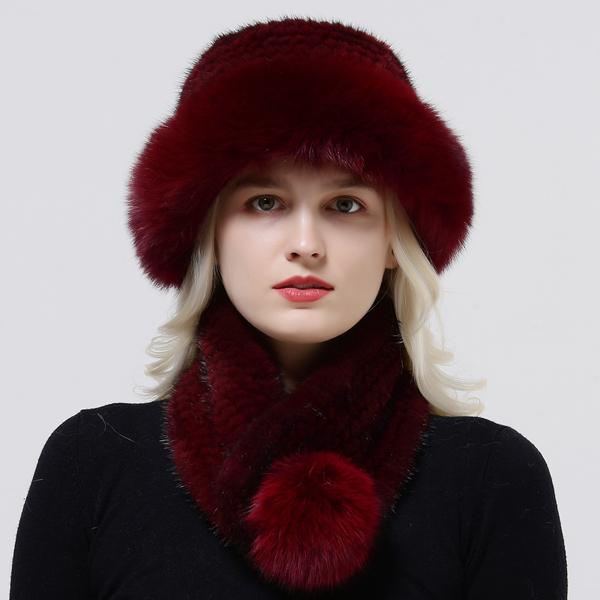 Hot Sale Rex Rabbit Fur Hats Scarf Set Elastic Knitted Winter Hat Women Genuine Warm Fur Caps Luxury Woman Fox Fur Bucket Hat