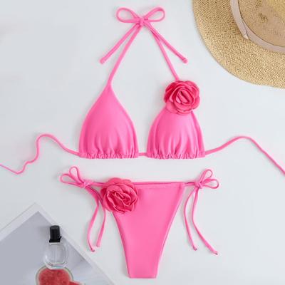 2Pcs/Set Women Bikini Set Lace-up Halter Padded Bra Swimming Trunks Set 3D Flower Decor Beach Style Swimwear