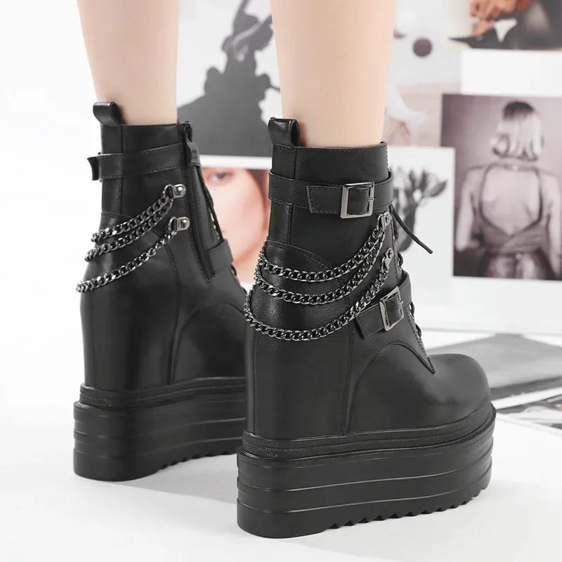 Fashion 14CM Gothic Black Ankle Boots For Women Plus High Heel Female Shoes Lace-Up Nigh Club Black Sexy Rivets Chain Short Boots