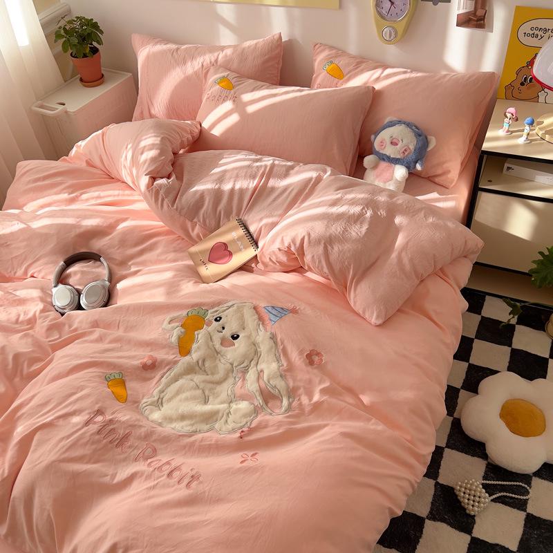 Cartoon Soft Cotton Washable Single Bed 3-Piece Set: Fitted Sheet, Flat Sheet, Skin-Friendly