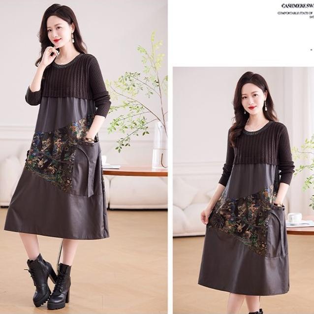 Women's long Sweater Dress Knitted Patchwork PU Leather A-Line Dress Plus Size Knitted Dress for Autumn and Winter ...