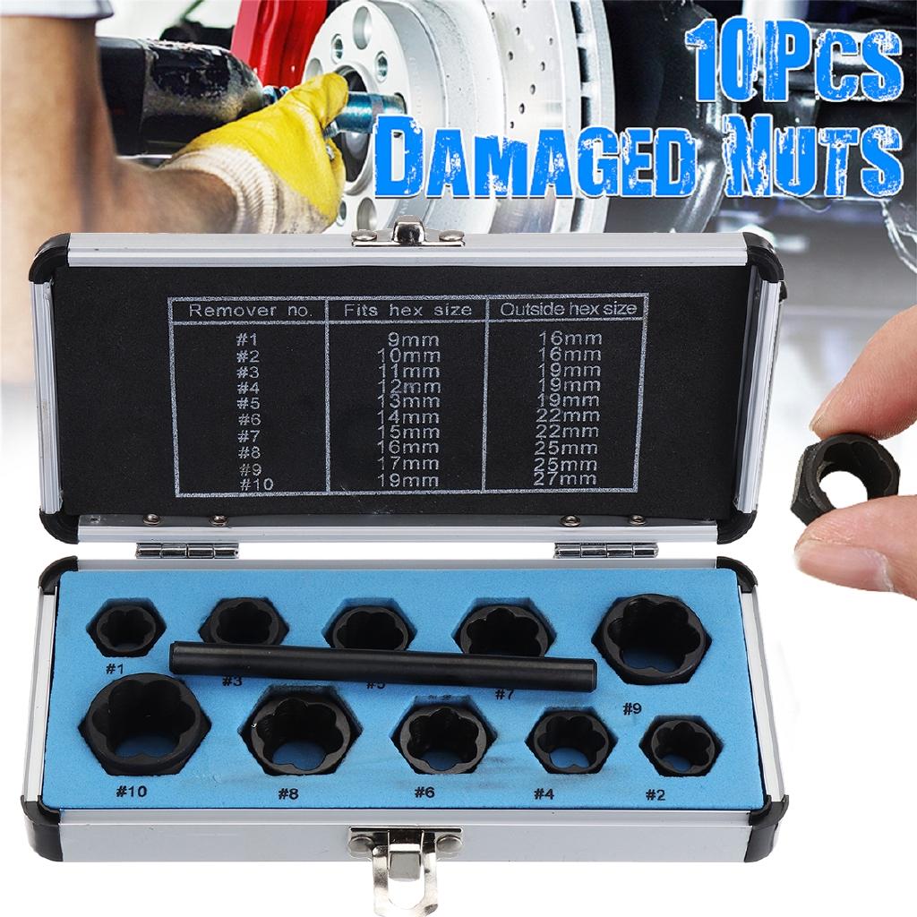 Black (9-19mm)  Broken Bolt Removal Kit 10pcs Damaged Nut Bolt Remover Stud Extractor Set Metric New