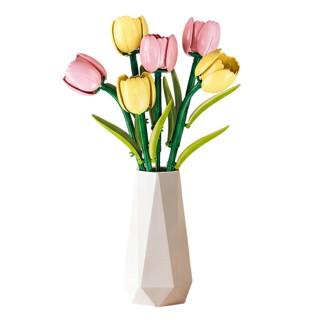 6 Piece Tulip Flower Bouquet Building Blocks Set with Vase Home Room Decor Tulip Blocks 186pcs Mother's Day