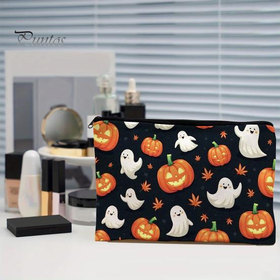 Versatile Zippered Storage Bag Halloween Bag, with Pumpkin Ghost Print, Durable Canvas Stationery Large Capacity Makeup Pouch, for Travel And