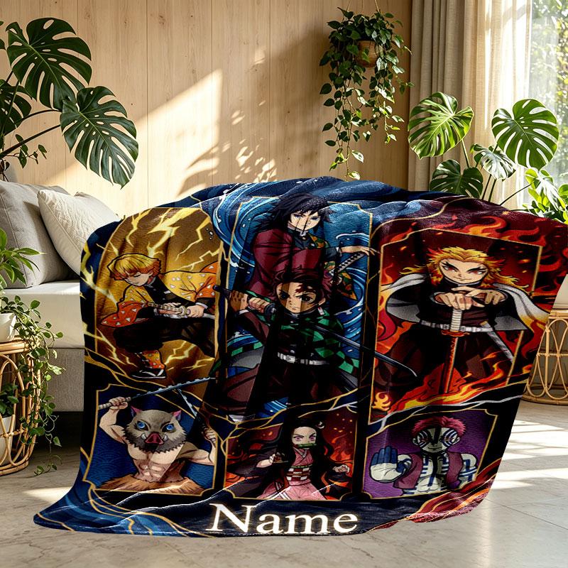 Couverture Personnalisée au Nom avec Impression Demon Slayer, Décoration d'Intérieur, Chambre à Coucher, Canapé, Camping, Canapé, Cadeaux pour Anniversaire Noël