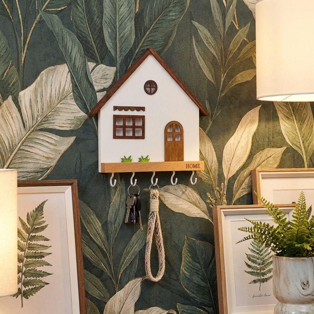 Creative Wooden Wall Mount Key Holder 5-Hook Design Multi-Purpose Key Rack House Shape Rustic Decorative Shelf Home Decoration