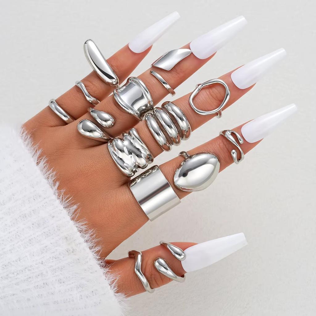 14pcs Exaggerated Smooth Rings Set For Women Fashion Simple Gold Color Geometric Asymmetrical Wide Face Ring Casual Jewelry Gift