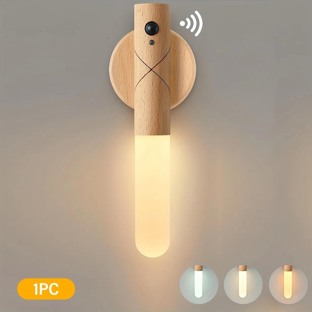 LED Wooden Sensor Night Light with Motion Sensor Wall Sconce, USB Rechargeable Dimmable 3 Color Temperature, Magnetic Mount